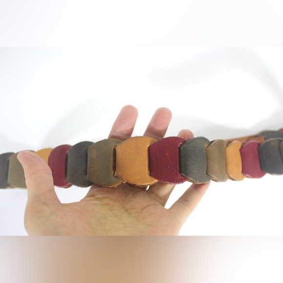 Vintage Multicolour Leather Link Belt Faded Colours Red Tan Green Blue Woven - Picture 7 of 8
